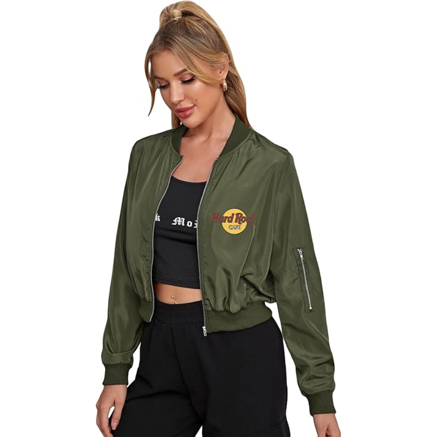Women's Hard Rock Cafe Lightweight Bomber Biker Jacket Zip up Windbreaker Crop Bomber Jacket Coat