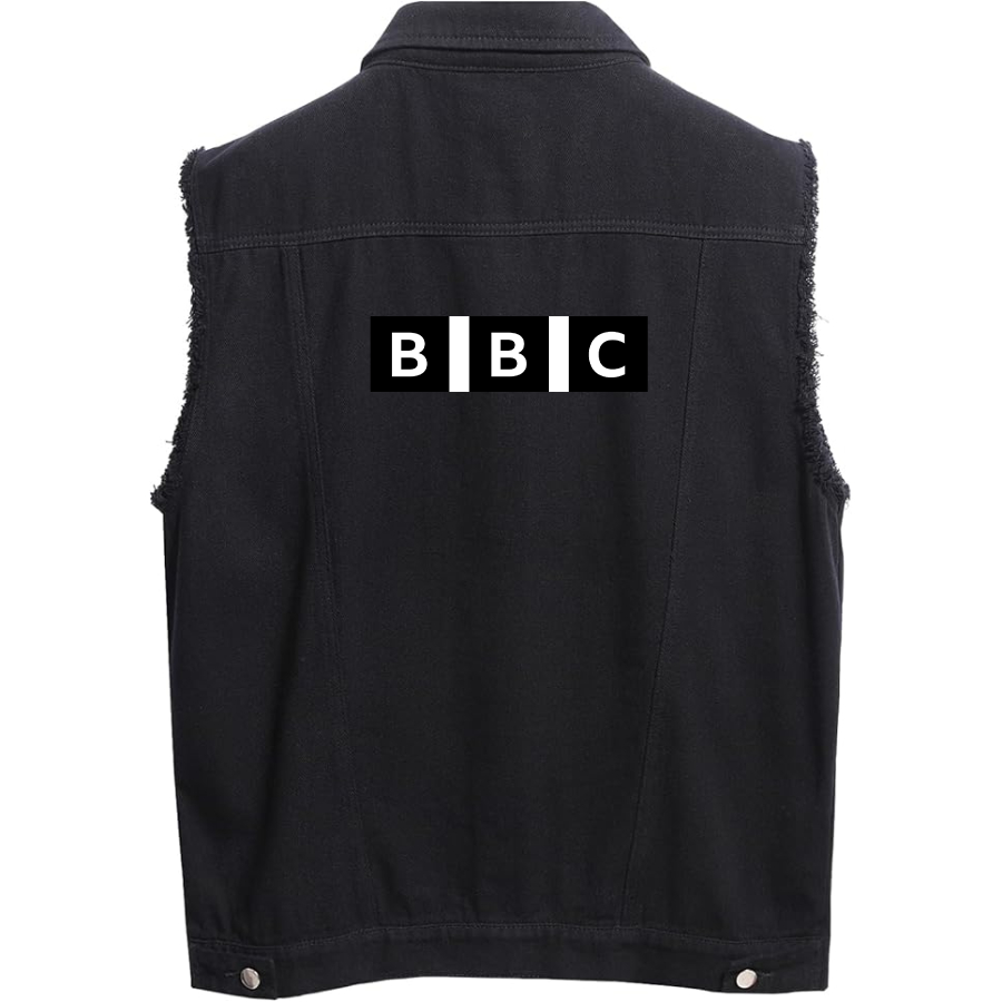 Men's BBC Sleeveless Distressed Denim Vest Rugged Black Jean Jacket