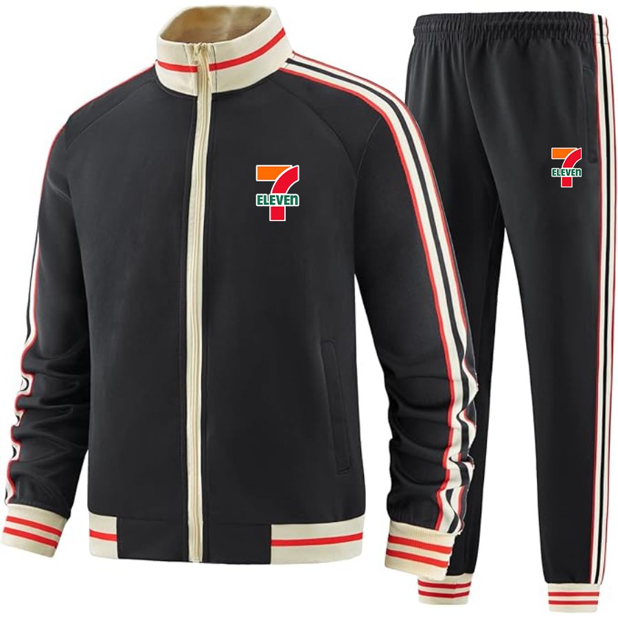 Men's 7-Eleven Two-Piece Designer Tracksuit with Bold Striped Accents and Zippered Front Elevated Athletic Wear