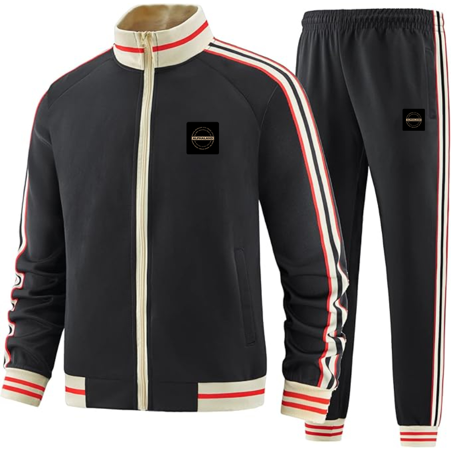 Men's Alphaland Two-Piece Designer Tracksuit with Bold Striped Accents and Zippered Front Elevated Athletic Wear