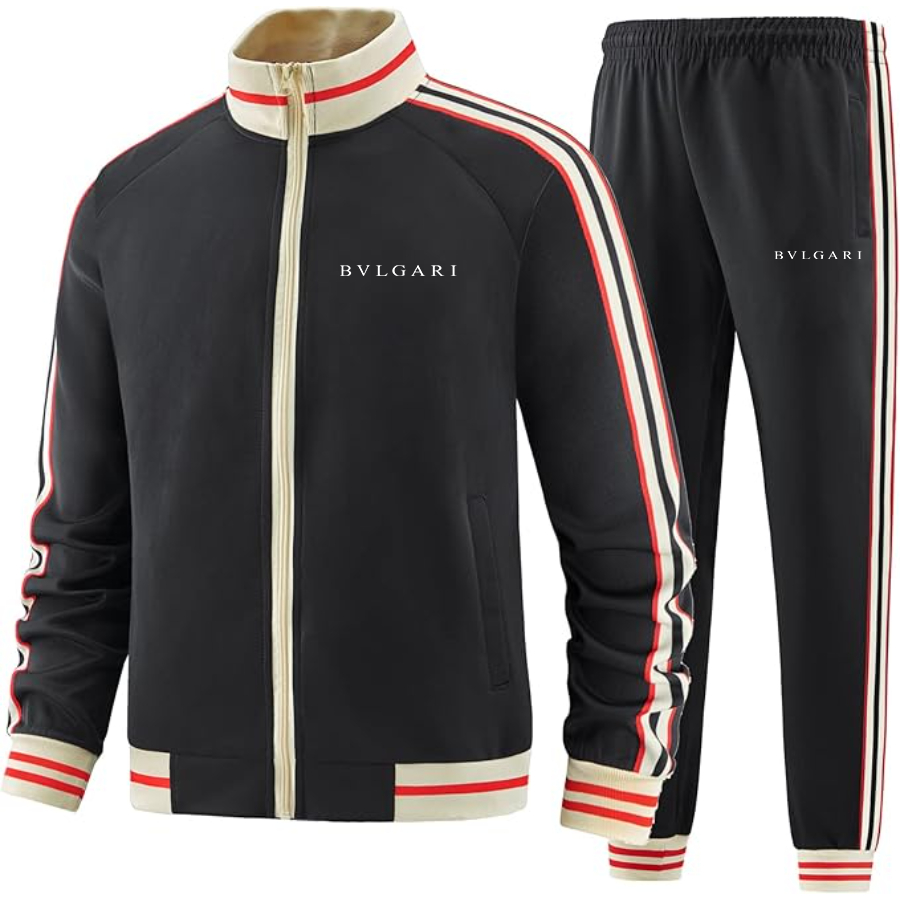 Men's BVLGARI Two-Piece Designer Tracksuit with Bold Striped Accents and Zippered Front Elevated Athletic Wear