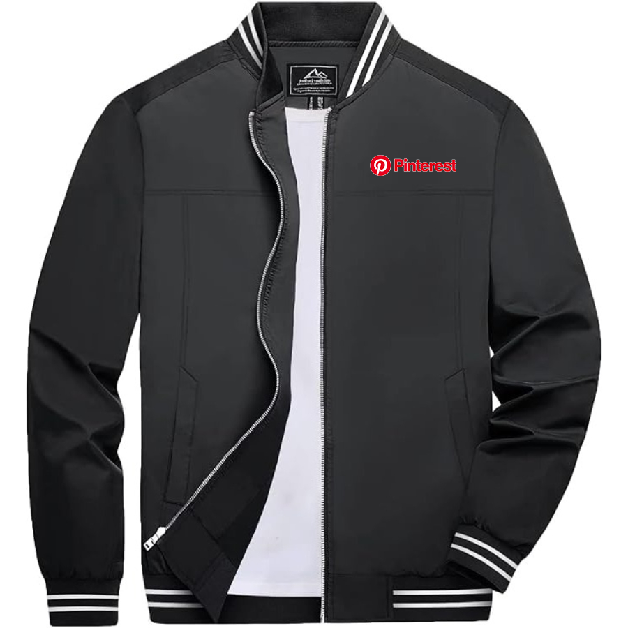Men's Pinterest Lightweight Zip-Up Bomber Jacket with Ribbed Collar and Cuffs Versatile Casual Outerwear