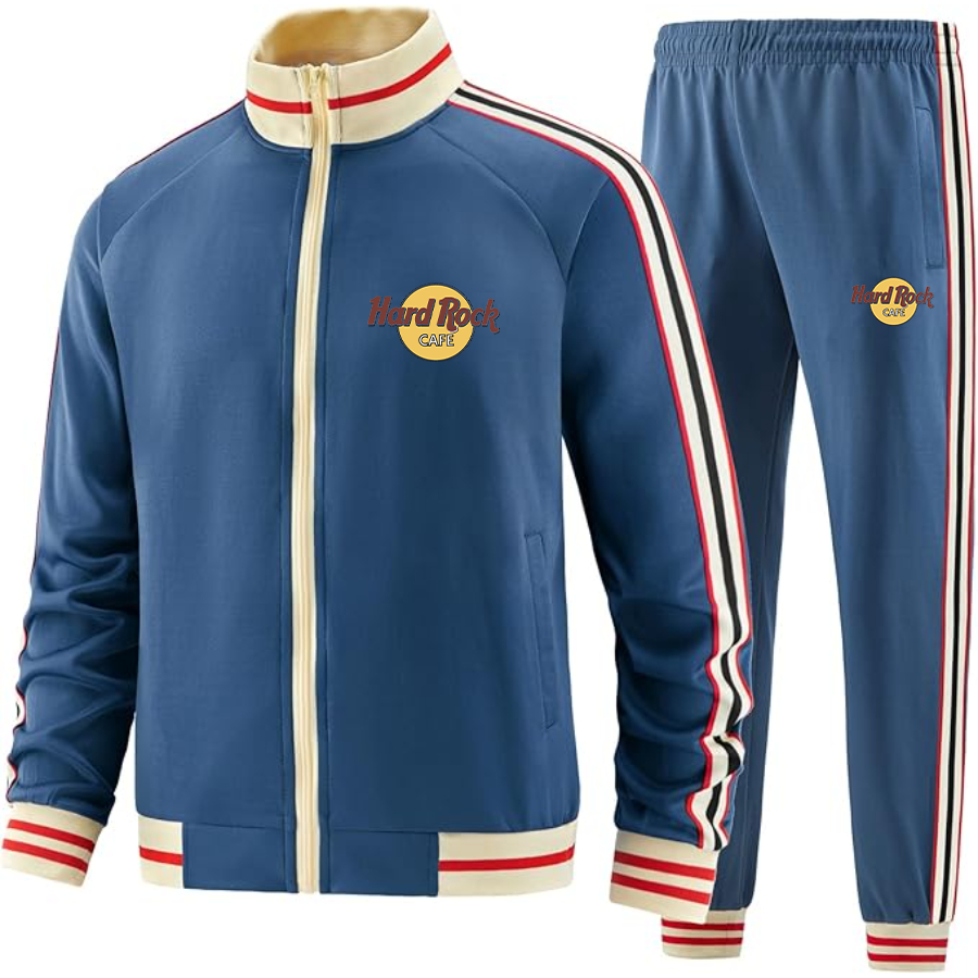 Men's Hard Rock Cafe Two-Piece Designer Tracksuit with Bold Striped Accents and Zippered Front Elevated Athletic Wear