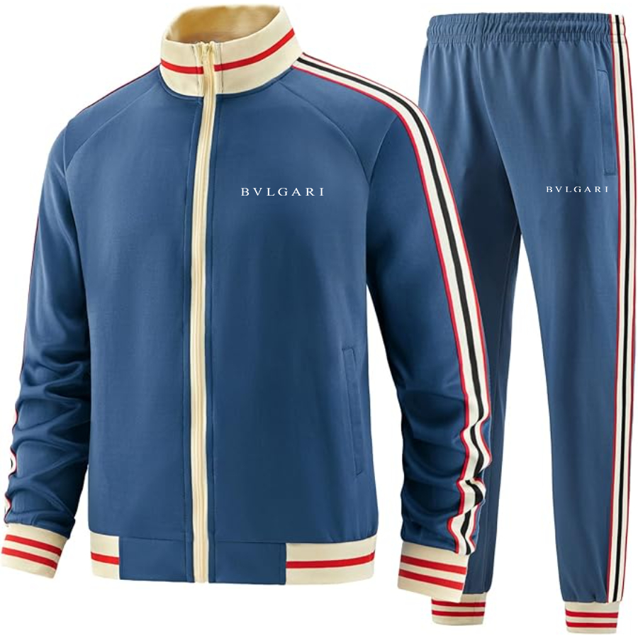 Men's BVLGARI Two-Piece Designer Tracksuit with Bold Striped Accents and Zippered Front Elevated Athletic Wear