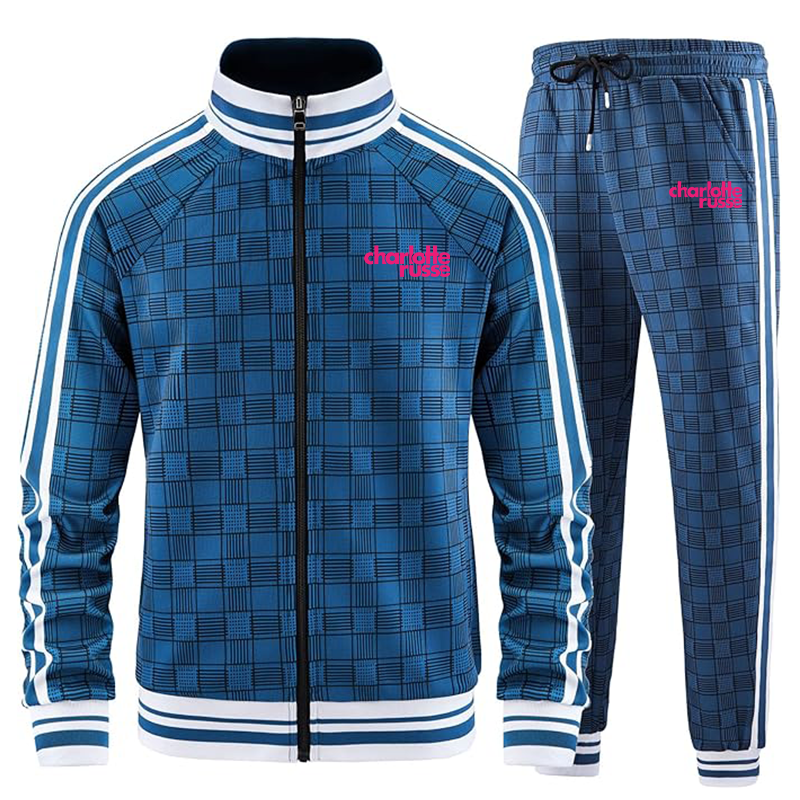 Men's Charlotte Russe Tracksuits Full-zip Long Sleeve Plaid Track Jackets and Pants 2 Piece