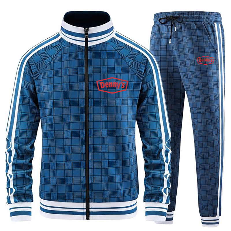 Men's Dennys Tracksuits Full-zip Long Sleeve Plaid Track Jackets and Pants 2 Piece