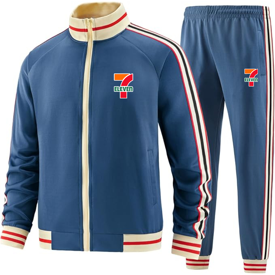 Men's 7-Eleven Two-Piece Designer Tracksuit with Bold Striped Accents and Zippered Front Elevated Athletic Wear