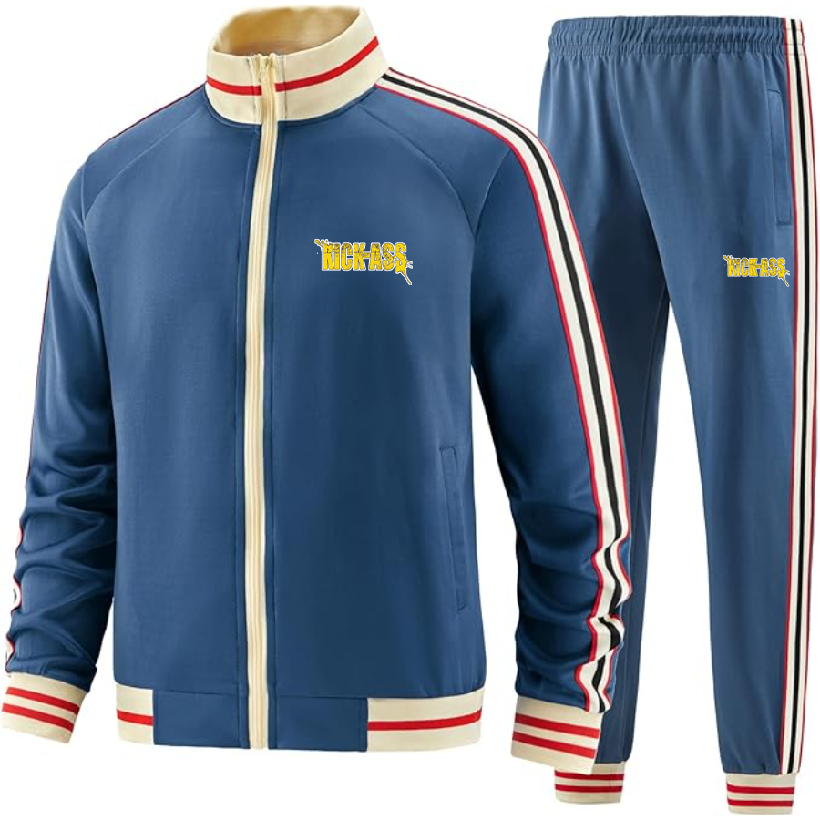 Men's Kick-Ass Two-Piece Designer Tracksuit with Bold Striped Accents and Zippered Front Elevated Athletic Wear
