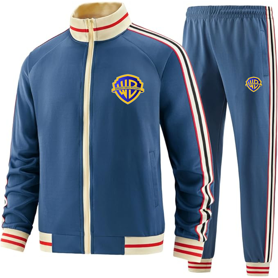 Men's Warner Bros Two-Piece Designer Tracksuit with Bold Striped Accents and Zippered Front Elevated Athletic Wear