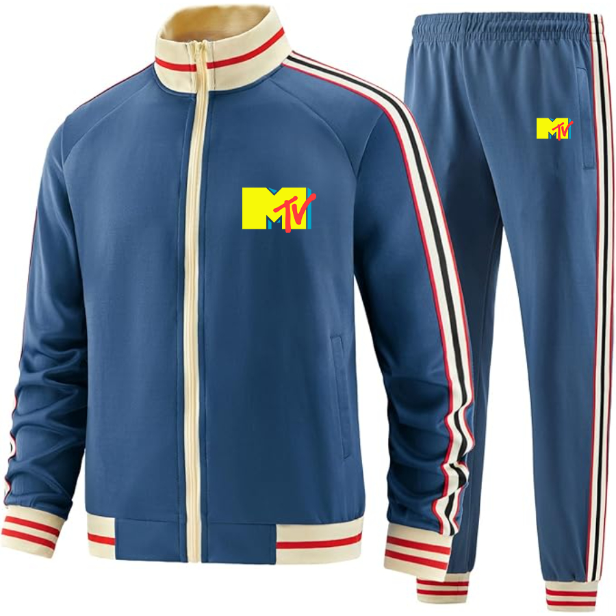 Men's M.T.V Two-Piece Designer Tracksuit with Bold Striped Accents and Zippered Front Elevated Athletic Wear