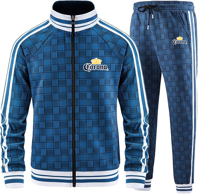 Men's Corona Tracksuits Full-zip Long Sleeve Plaid Track Jackets and Pants 2 Piece