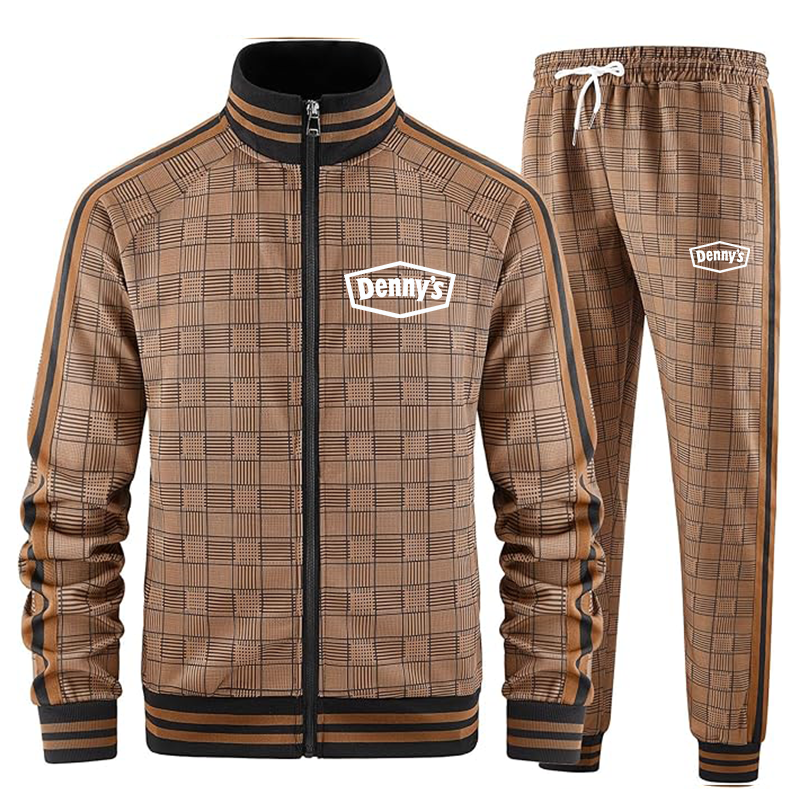 Men's Dennys Tracksuits Full-zip Long Sleeve Plaid Track Jackets and Pants 2 Piece