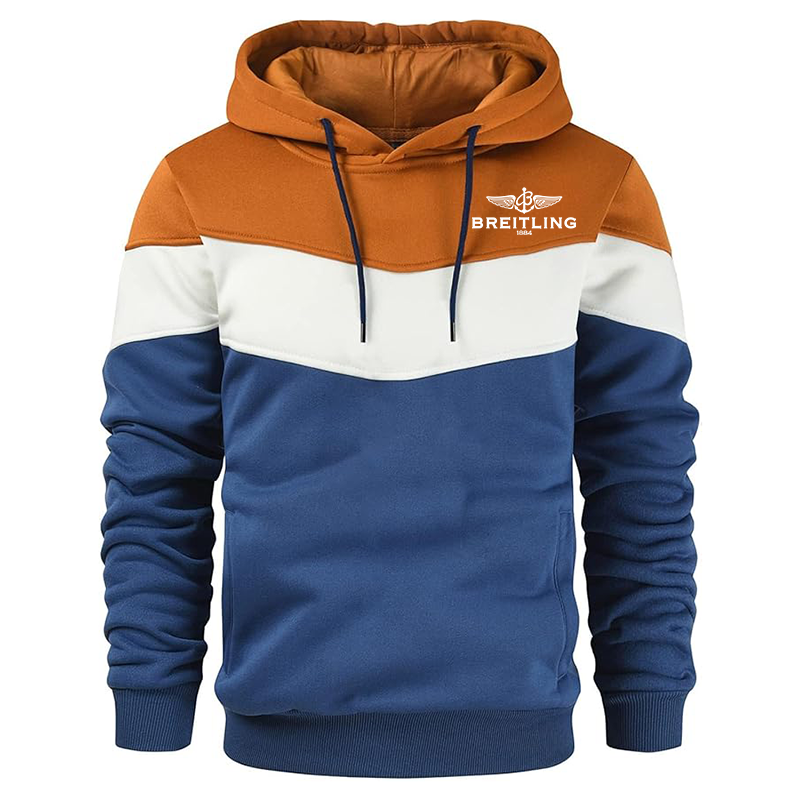 Men's Breitling Gesean Novelty Color Block Pullover Fleece Hoodie Long Sleeve Casual Sweatshirt with Pocket