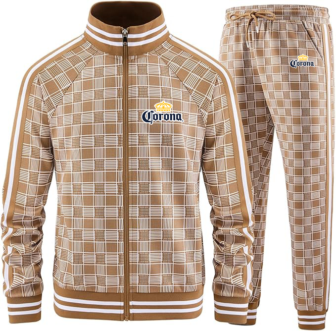 Men's Corona Tracksuits Full-zip Long Sleeve Plaid Track Jackets and Pants 2 Piece