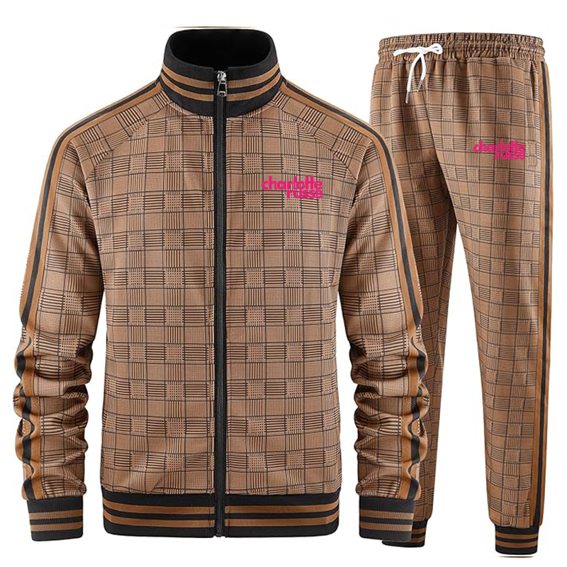 Men's Charlotte Russe Tracksuits Full-zip Long Sleeve Plaid Track Jackets and Pants 2 Piece
