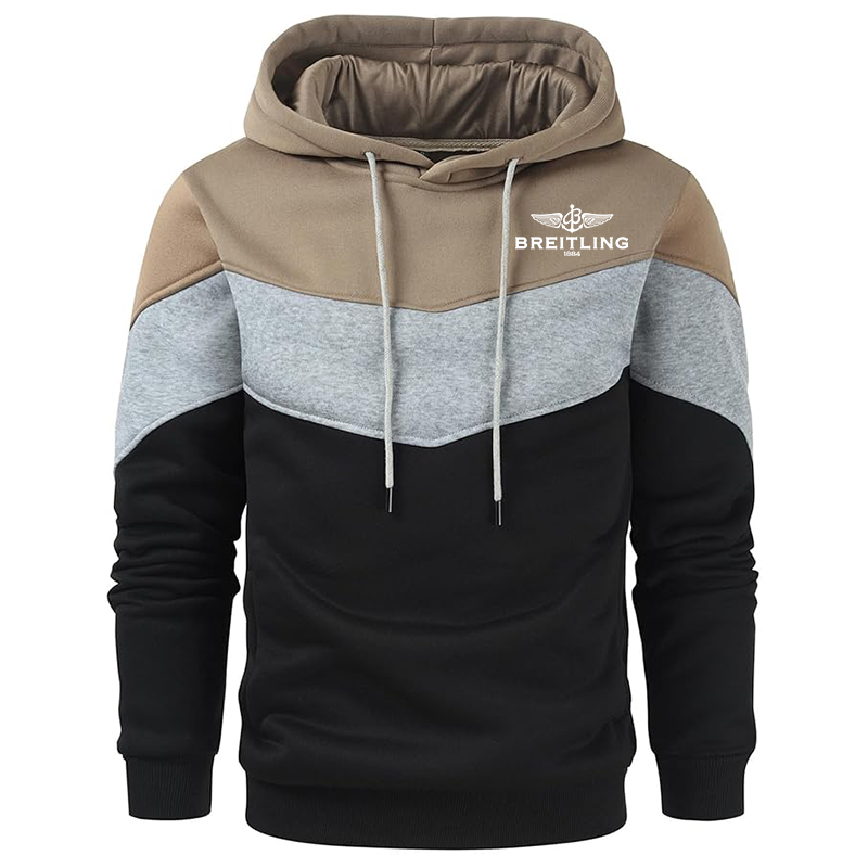 Men's Breitling Gesean Novelty Color Block Pullover Fleece Hoodie Long Sleeve Casual Sweatshirt with Pocket