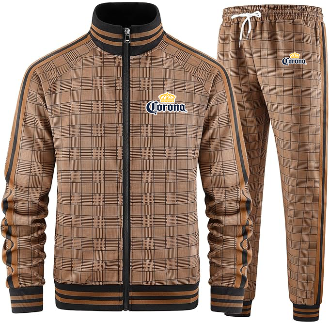 Men's Corona Tracksuits Full-zip Long Sleeve Plaid Track Jackets and Pants 2 Piece