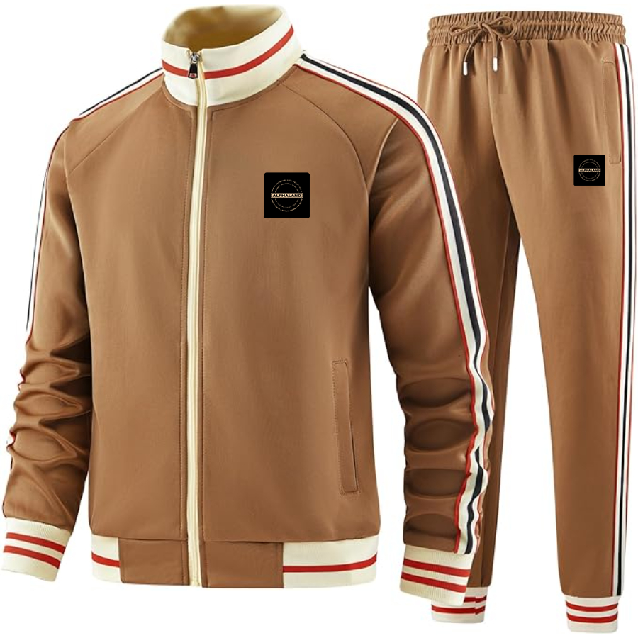 Men's Alphaland Two-Piece Designer Tracksuit with Bold Striped Accents and Zippered Front Elevated Athletic Wear