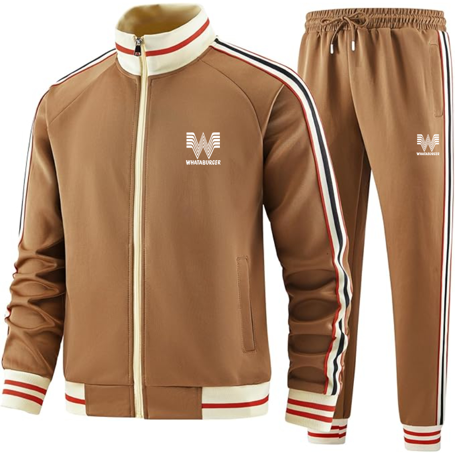 Men's What A Burger Two-Piece Designer Tracksuit with Bold Striped Accents and Zippered Front Elevated Athletic Wear