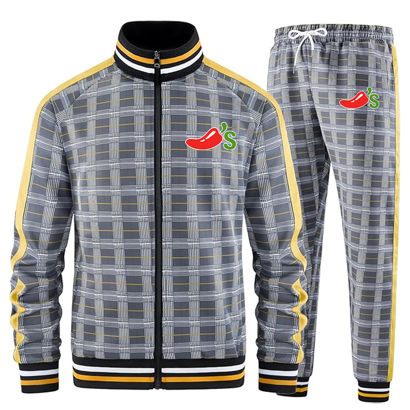 Men's Chilis Tracksuits Full-zip Long Sleeve Plaid Track Jackets and Pants 2 Piece