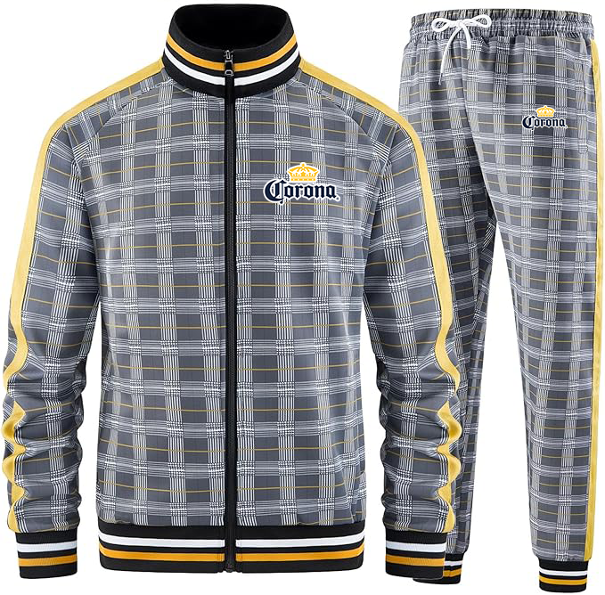 Men's Corona Tracksuits Full-zip Long Sleeve Plaid Track Jackets and Pants 2 Piece