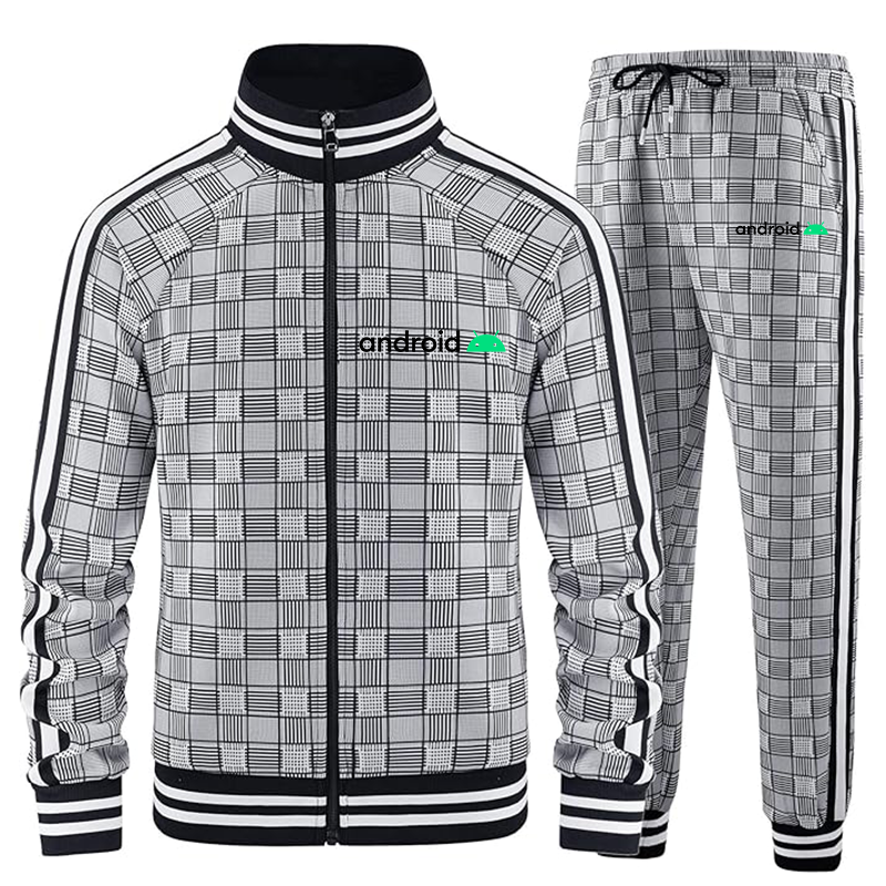 Men's Android Tracksuits Full-zip Long Sleeve Plaid Track Jackets and Pants 2 Piece