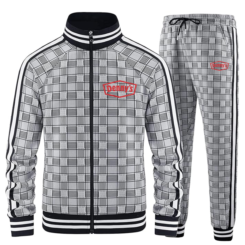 Men's Dennys Tracksuits Full-zip Long Sleeve Plaid Track Jackets and Pants 2 Piece