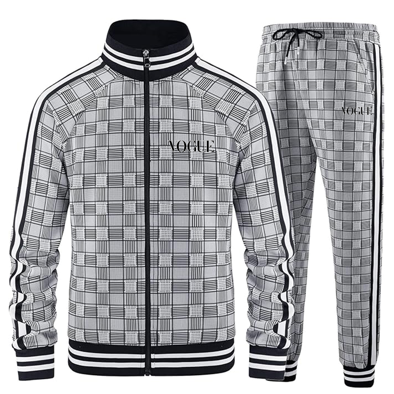 Men's Vogue Tracksuits Full-zip Long Sleeve Plaid Track Jackets and Pants 2 Piece