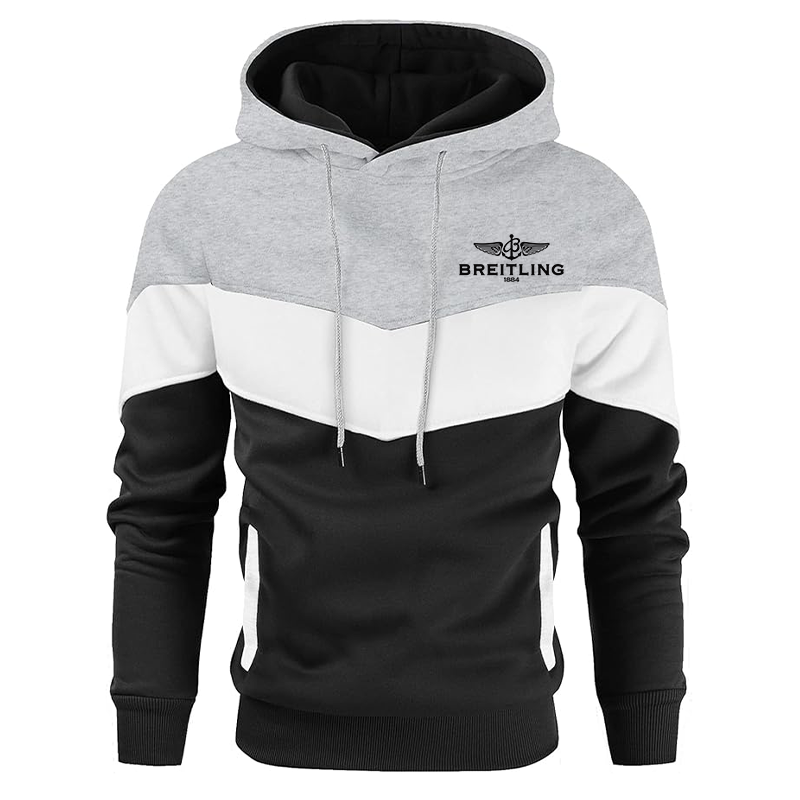 Men's Breitling Gesean Novelty Color Block Pullover Fleece Hoodie Long Sleeve Casual Sweatshirt with Pocket