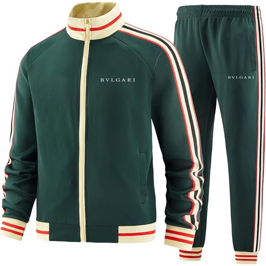 Men's BVLGARI Two-Piece Designer Tracksuit with Bold Striped Accents and Zippered Front Elevated Athletic Wear