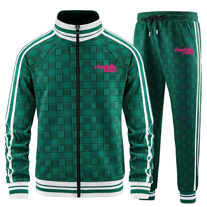 Men's Charlotte Russe Tracksuits Full-zip Long Sleeve Plaid Track Jackets and Pants 2 Piece