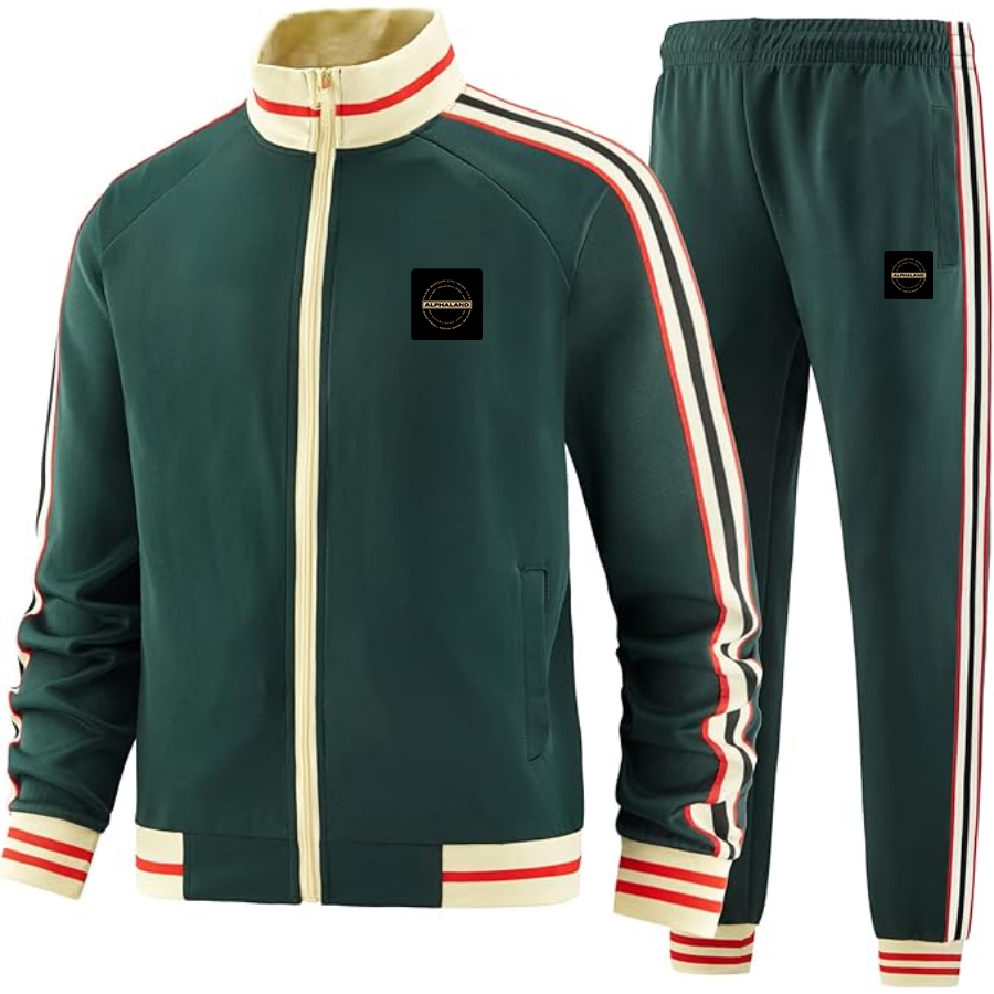 Men's Alphaland Two-Piece Designer Tracksuit with Bold Striped Accents and Zippered Front Elevated Athletic Wear