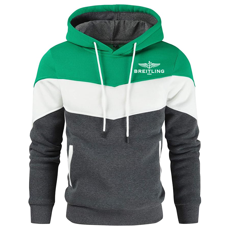 Men's Breitling Gesean Novelty Color Block Pullover Fleece Hoodie Long Sleeve Casual Sweatshirt with Pocket