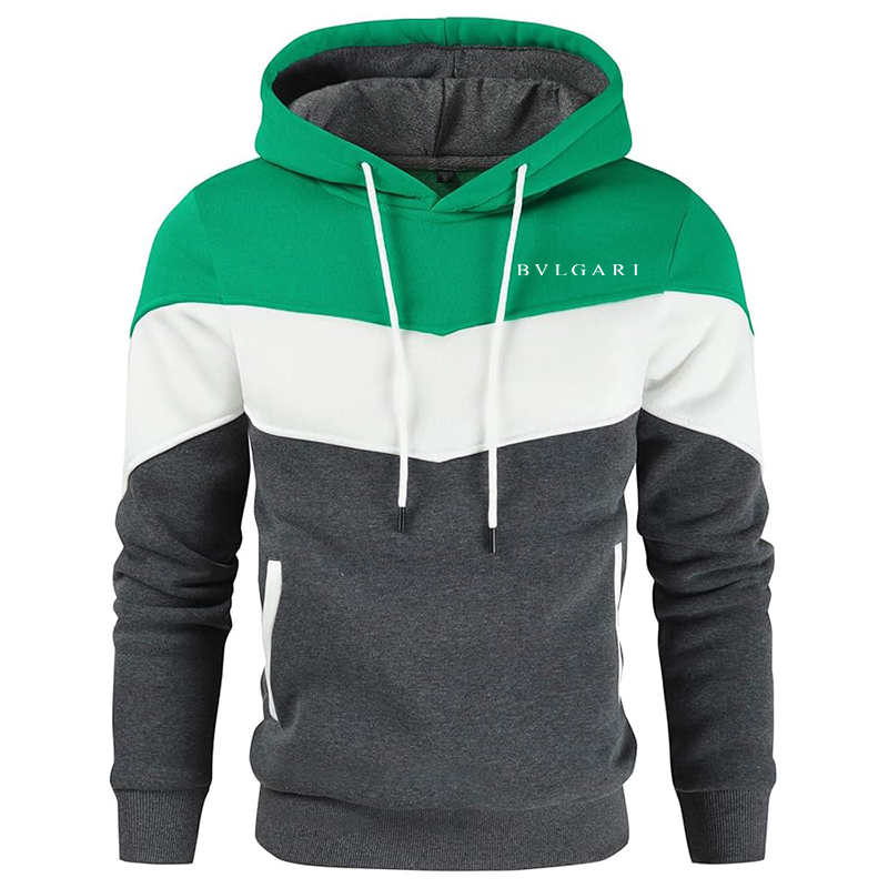 Men's BVLGARI Gesean Novelty Color Block Pullover Fleece Hoodie Long Sleeve Casual Sweatshirt with Pocket