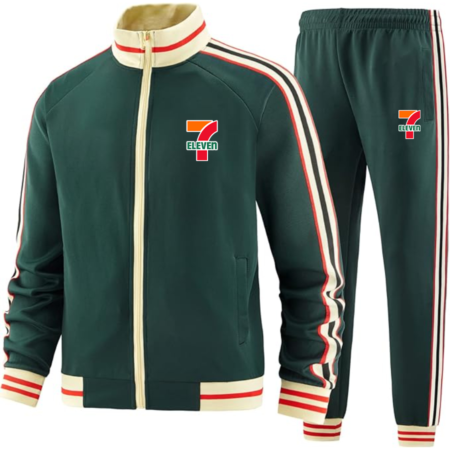Men's 7-Eleven Two-Piece Designer Tracksuit with Bold Striped Accents and Zippered Front Elevated Athletic Wear
