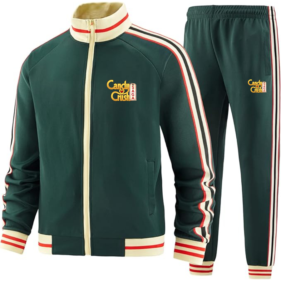 Men's Candy Crush Two-Piece Designer Tracksuit with Bold Striped Accents and Zippered Front Elevated Athletic Wear