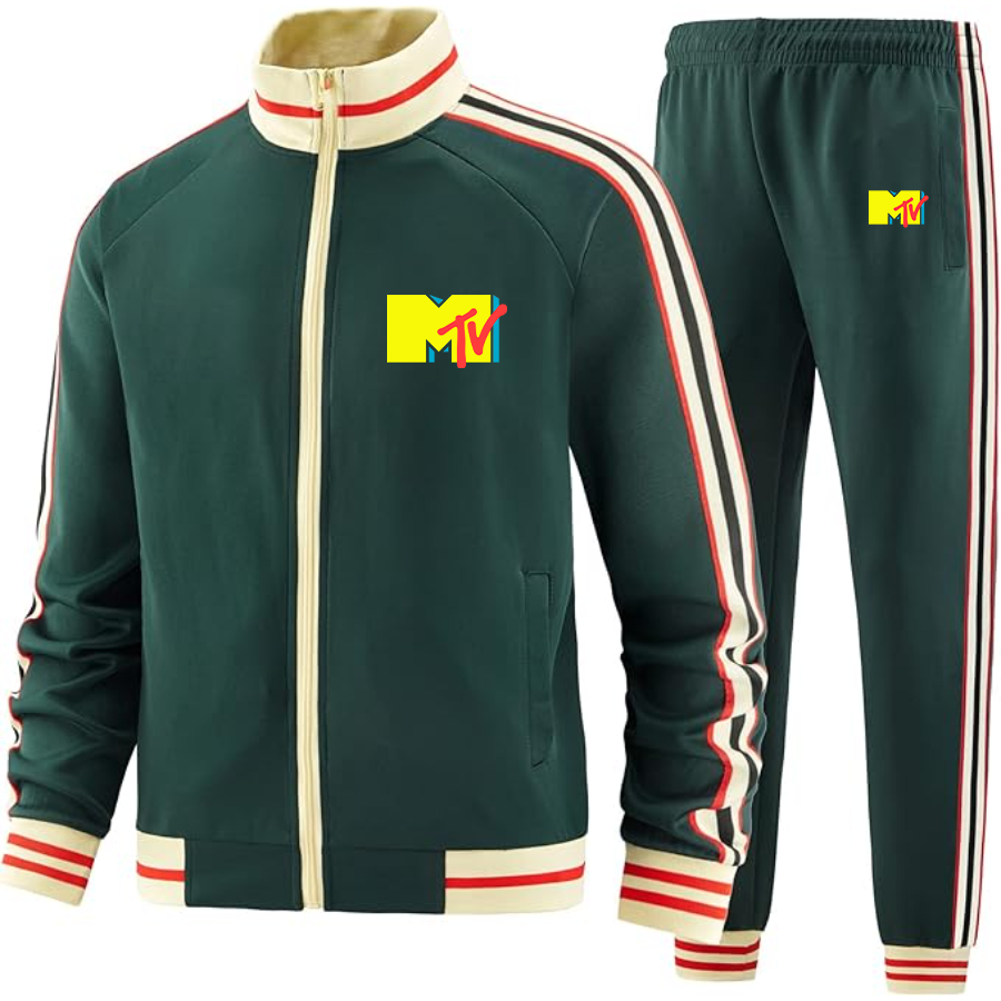 Men's M.T.V Two-Piece Designer Tracksuit with Bold Striped Accents and Zippered Front Elevated Athletic Wear