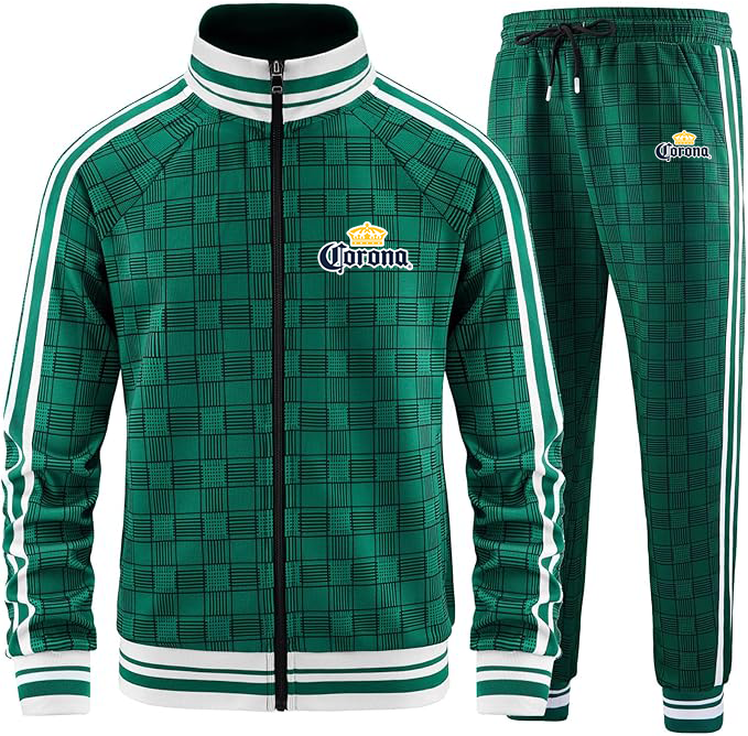 Men's Corona Tracksuits Full-zip Long Sleeve Plaid Track Jackets and Pants 2 Piece