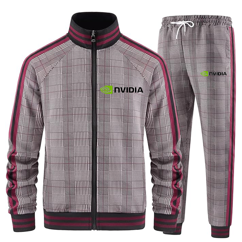 Men's NVIDIA Tracksuits Full-zip Long Sleeve Plaid Track Jackets and Pants 2 Piece