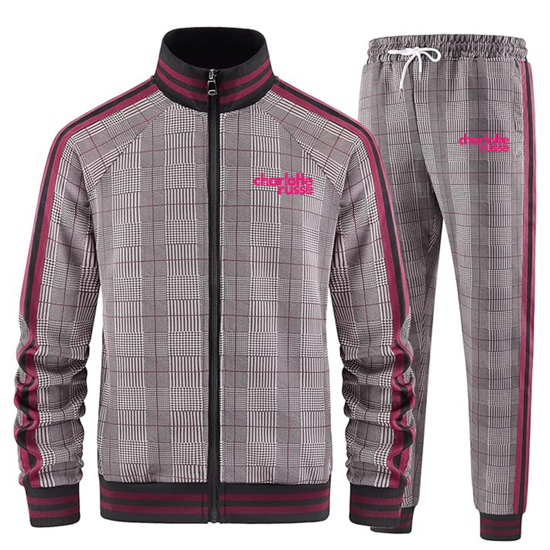 Men's Charlotte Russe Tracksuits Full-zip Long Sleeve Plaid Track Jackets and Pants 2 Piece