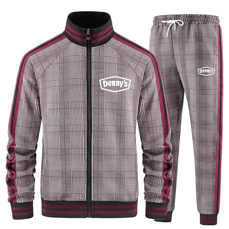 Men's Dennys Tracksuits Full-zip Long Sleeve Plaid Track Jackets and Pants 2 Piece