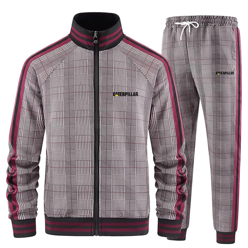 Men's Caterpillar Tracksuits Full-zip Long Sleeve Plaid Track Jackets and Pants 2 Piece
