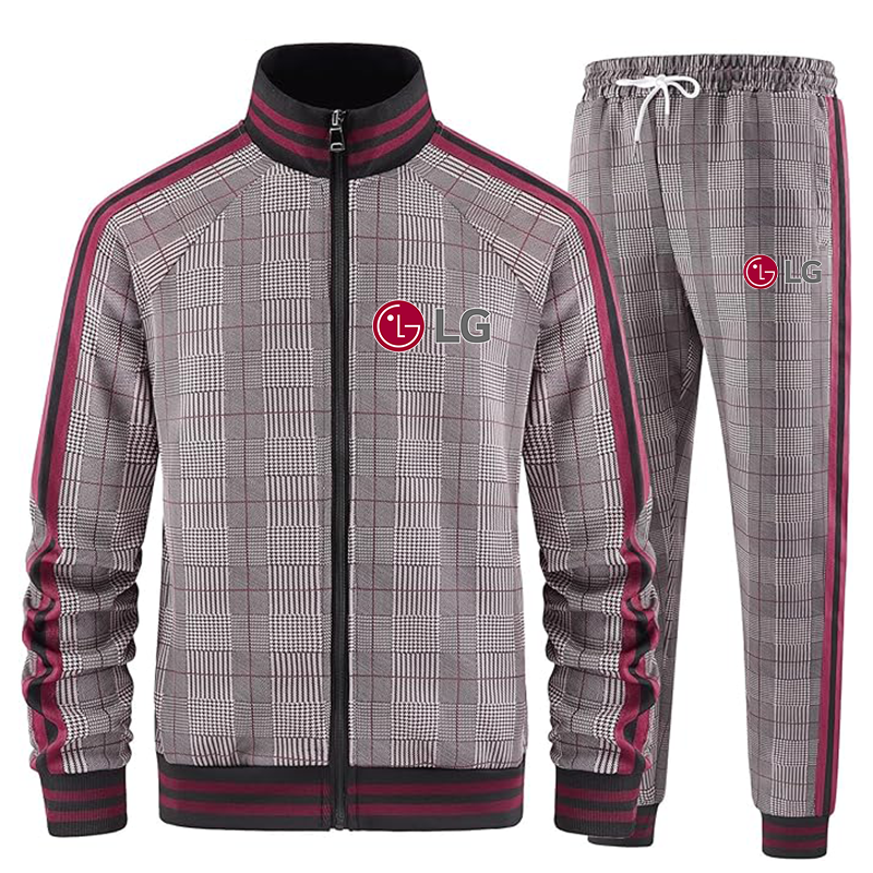 Men's LG Tracksuits Full-zip Long Sleeve Plaid Track Jackets and Pants 2 Piece