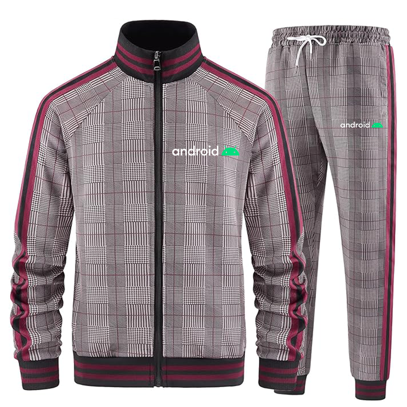 Men's Android Tracksuits Full-zip Long Sleeve Plaid Track Jackets and Pants 2 Piece
