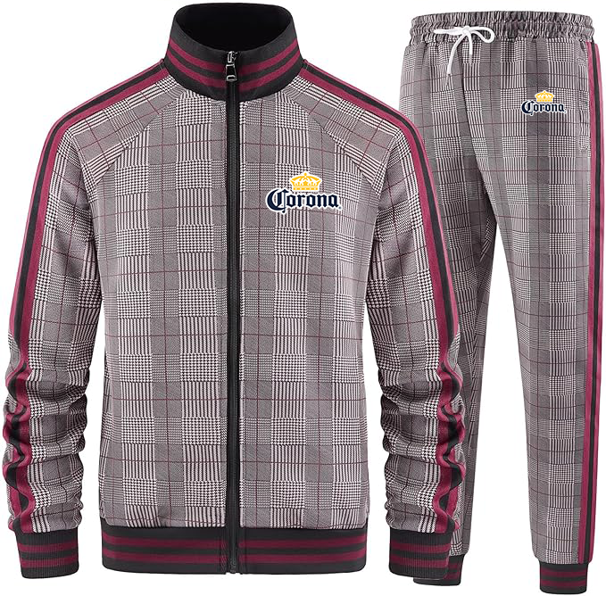Men's Corona Tracksuits Full-zip Long Sleeve Plaid Track Jackets and Pants 2 Piece