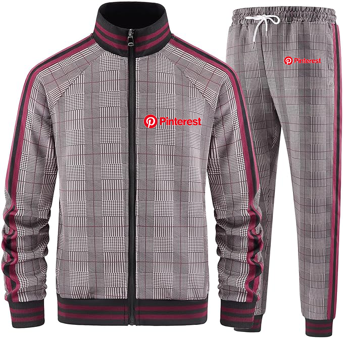 Men's Pinterest Tracksuits Full-zip Long Sleeve Plaid Track Jackets and Pants 2 Piece