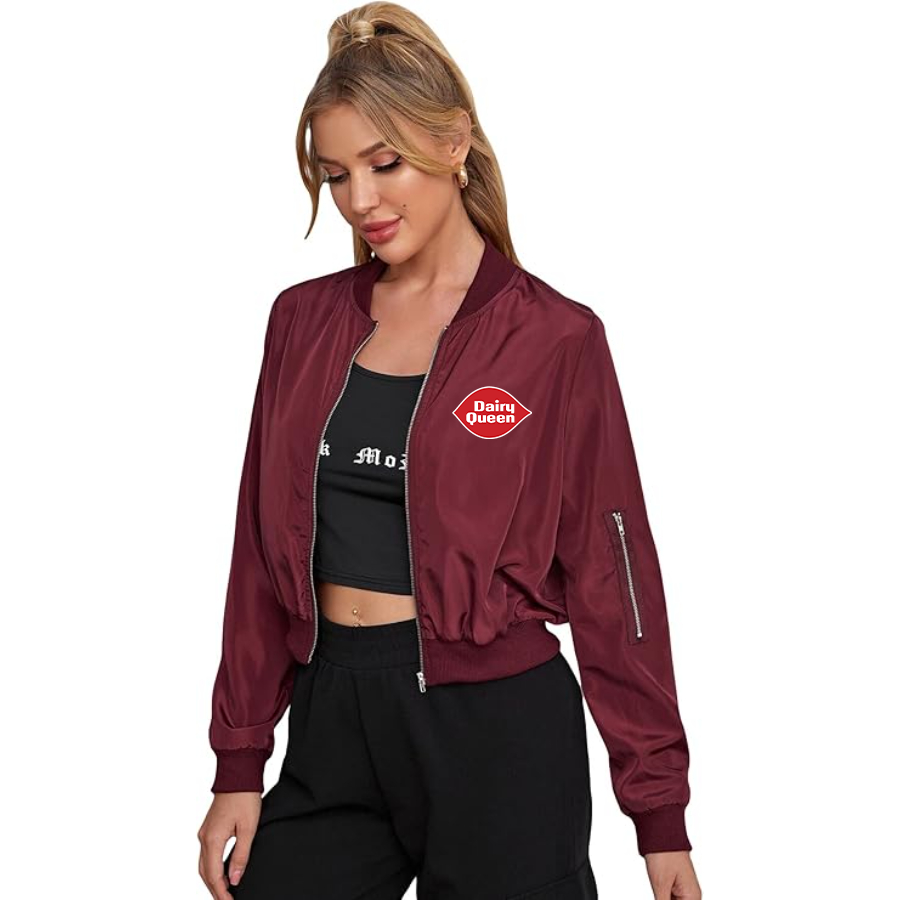 Women's Dairy Queen Lightweight Bomber Biker Jacket Zip up Windbreaker Crop Bomber Jacket Coat