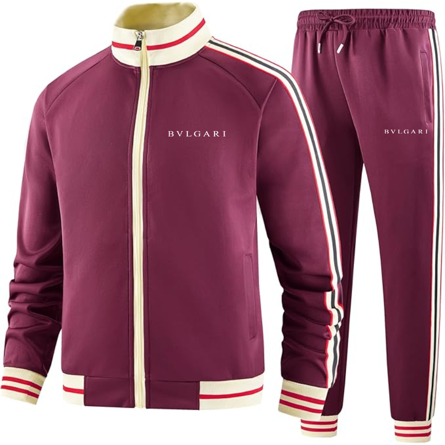 Men's BVLGARI Two-Piece Designer Tracksuit with Bold Striped Accents and Zippered Front Elevated Athletic Wear