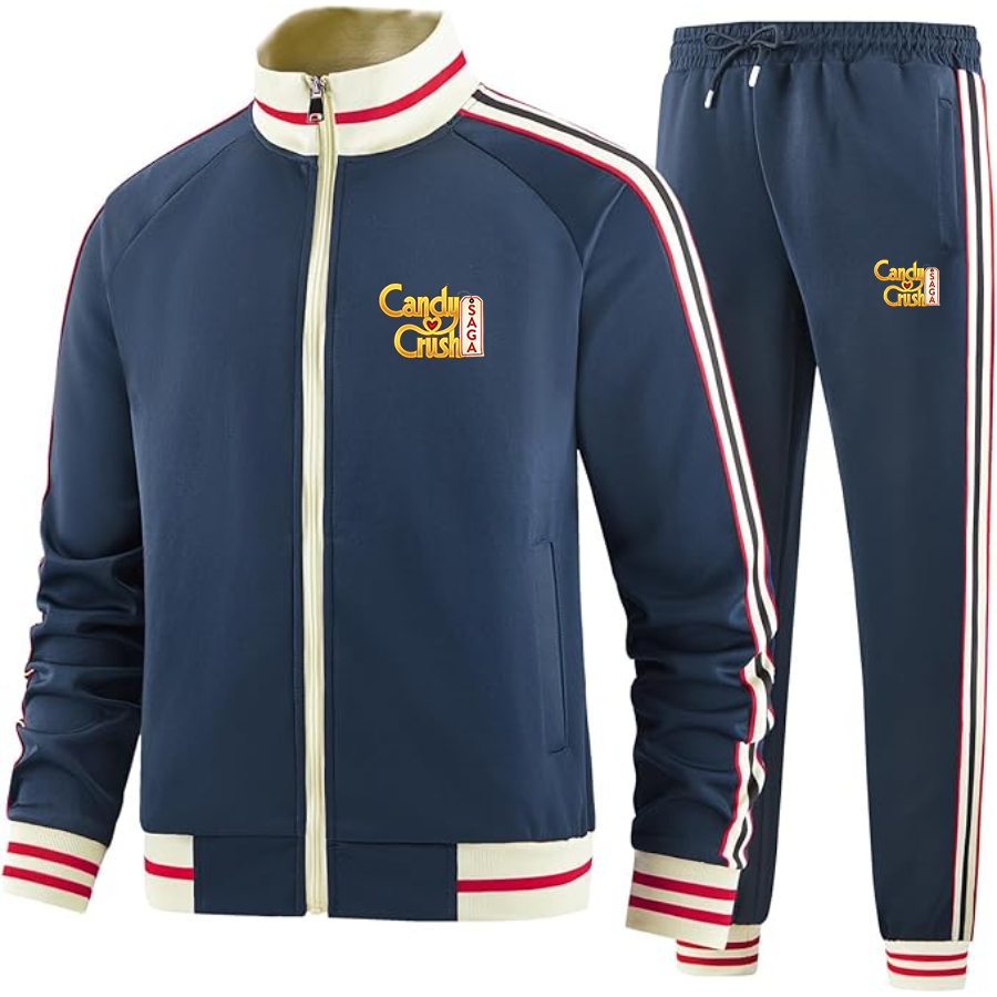 Men's Candy Crush Two-Piece Designer Tracksuit with Bold Striped Accents and Zippered Front Elevated Athletic Wear