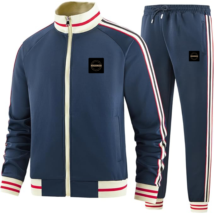 Men's Alphaland Two-Piece Designer Tracksuit with Bold Striped Accents and Zippered Front Elevated Athletic Wear